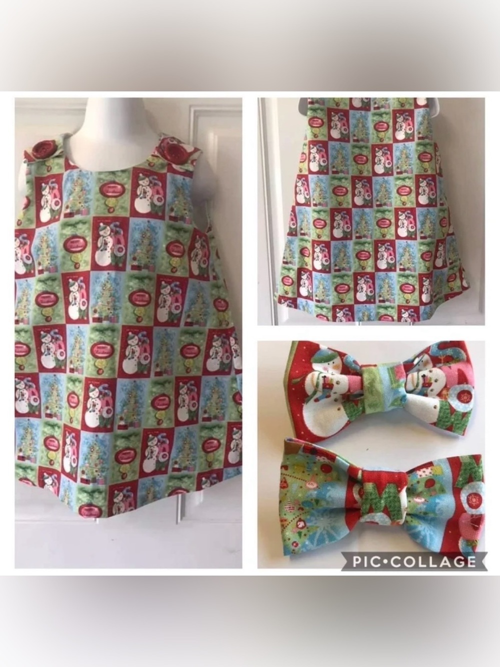 Size 2 NWOT custom made Christmas Red/blue/green snowman sleeveless jumper dress